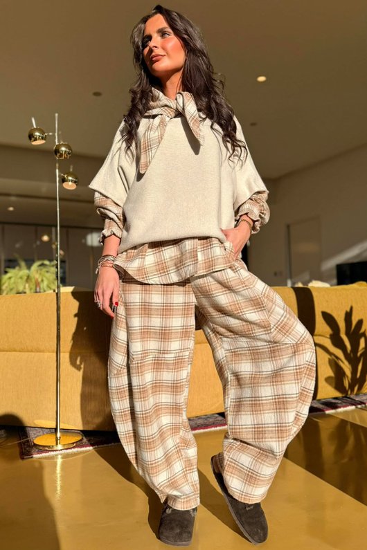 Agnes Plaid Brushed Cotton Barrel Pant Camel